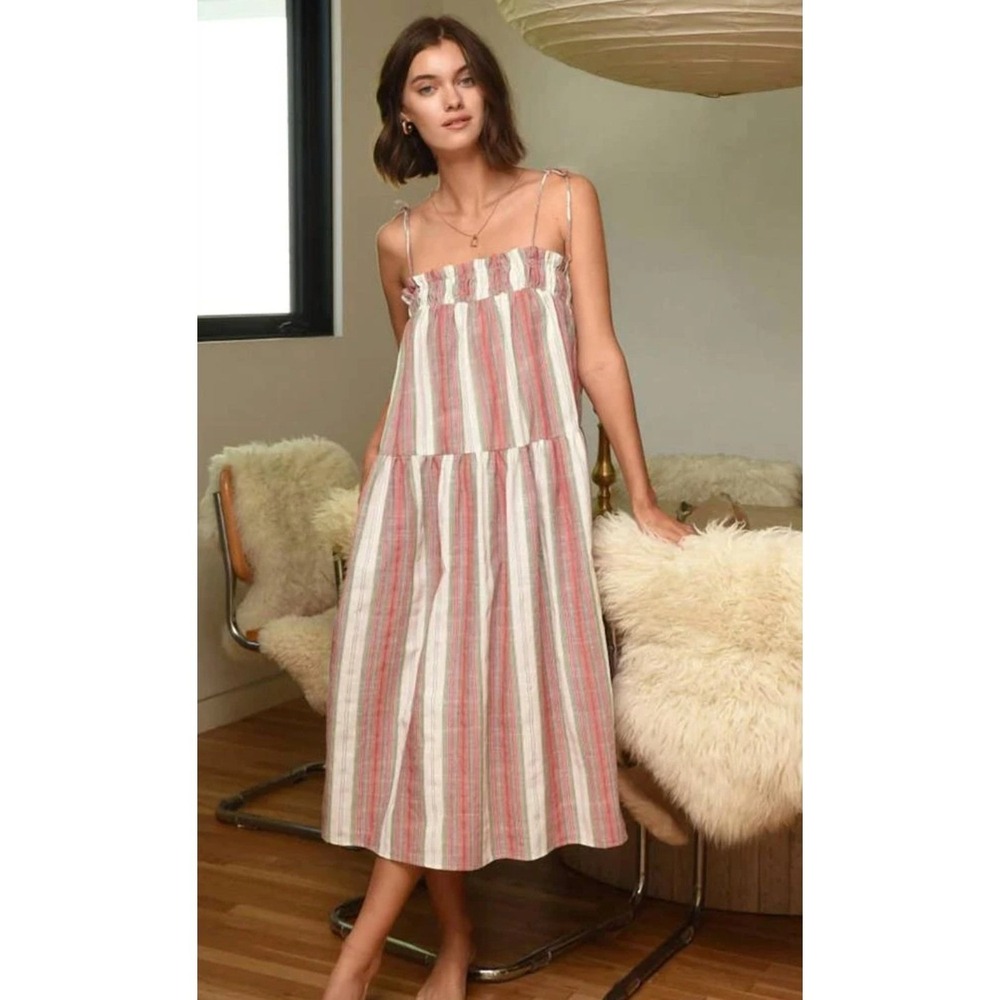 Greylin‎ Heihee Strappy Midi Dress In Fuchsia Olive Tiered Cottagecore XS